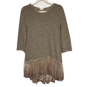 Dylan Tunic Sweater Medium Taupe Brown Lace Trim High Low‎ 3/4 Sleeve Boho Knit
